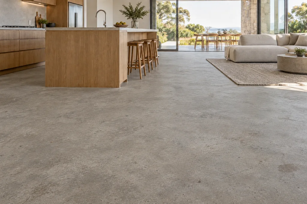 Before concept: the same interior with dull, worn concrete